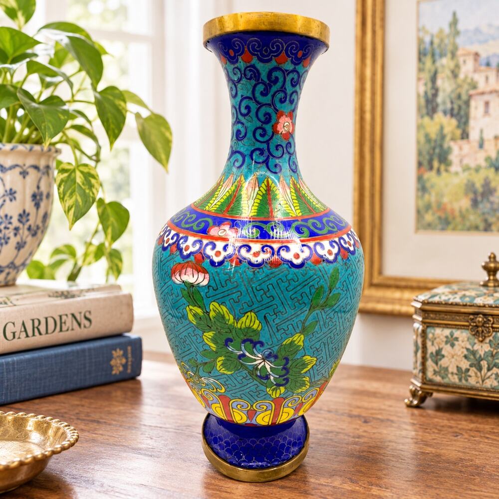 Vintage Chinese Cloisonne Enamel Vase Floral Multicolored Brass 9.5 Tall